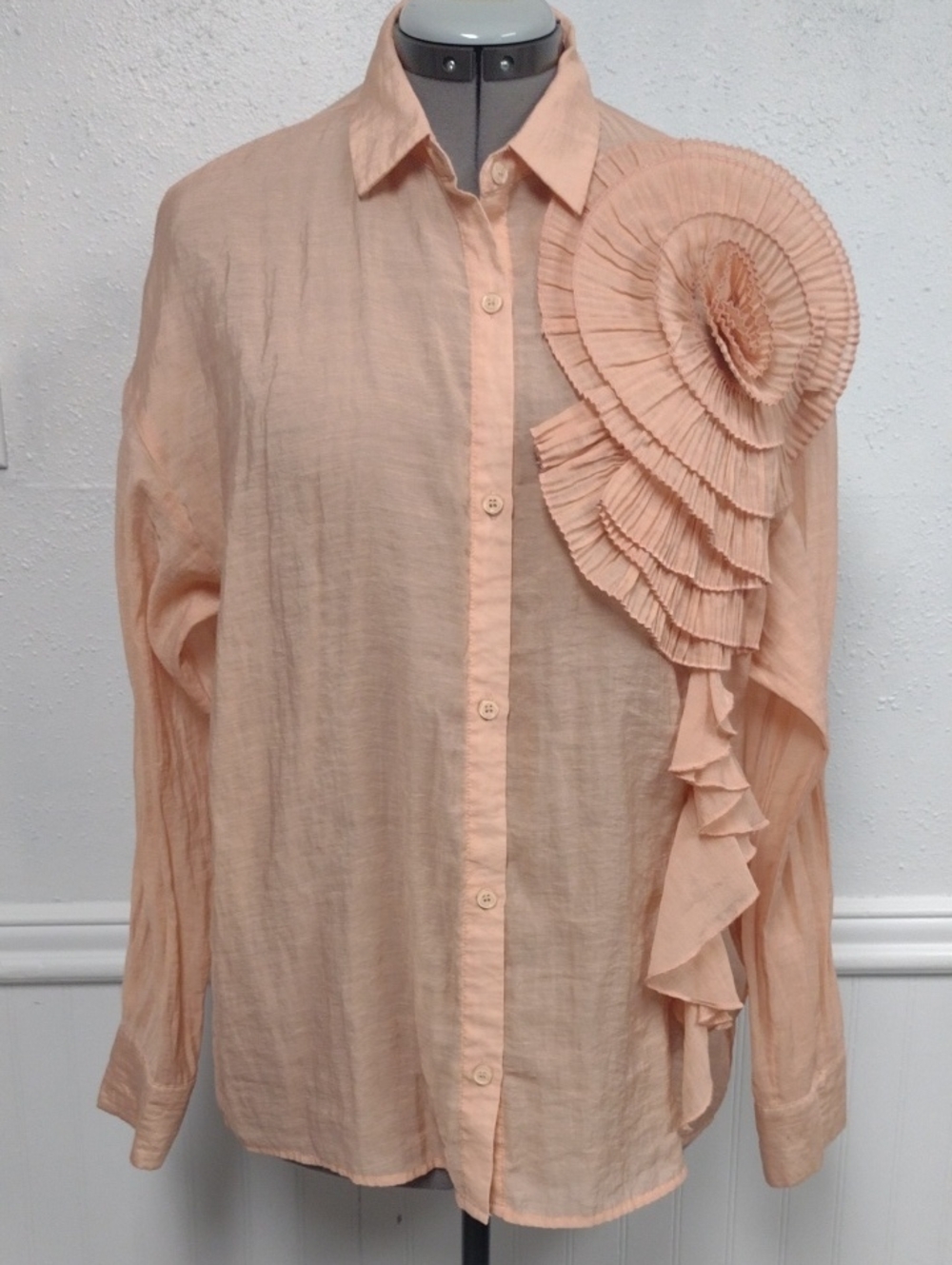 Elegant Peach Ruffle Button-Down Shirt Formal, Cocktail, Formal Event